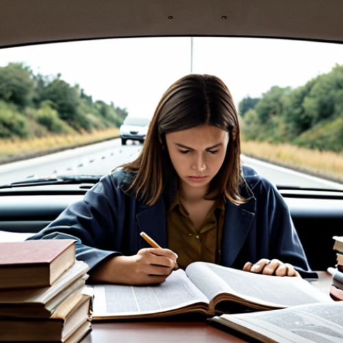 Home 4 **
A person studying intensely surrounded by books and papers related to traffic laws, engineering, and psychology, with the faint image of a highway in the background. The overall feel should be academic and challenging, emphasizing the depth of knowledge required to become a road traffic expert beyond just driving experience.
**