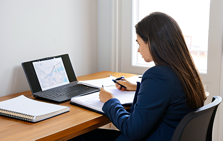 A focused professional person, fully clothed in modest business casual attire, seated at a tidy study desk. They are meticulously reviewing a comprehensive study roadmap and taking notes in a notebook. The desk is organized with a few essential study books and a simplified, safe-for-work diagram of a road sign, suggesting road traffic studies. The background is a bright, quiet home office with soft, natural lighting. Perfect anatomy, correct proportions, natural pose, well-formed hands, proper finger count, natural body proportions. Professional photography, high detail, realistic, appropriate content, safe for work, family-friendly.