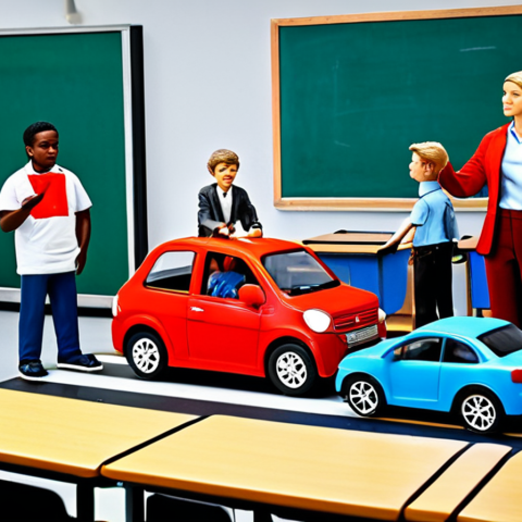 **

A group of diverse students participating in a role-playing game about road safety, fully clothed, appropriate attire, in a classroom setting, demonstrating traffic rules with toy cars and pedestrian figures, safe for work, perfect anatomy, natural proportions, professional illustration, family-friendly.

**
