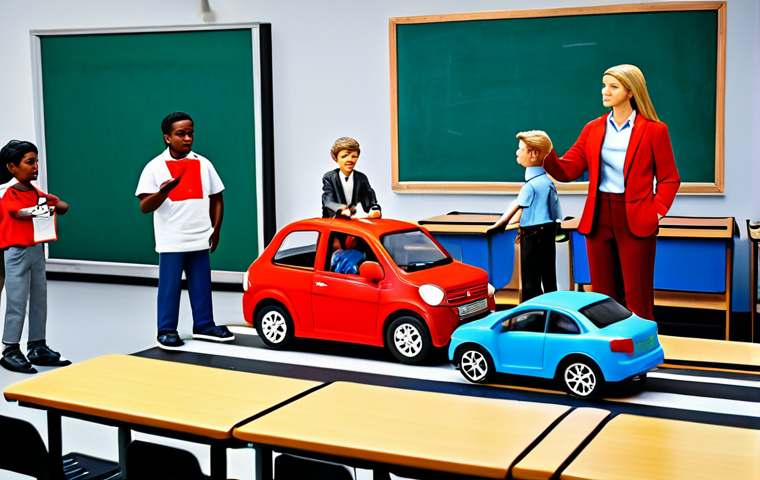 **

A group of diverse students participating in a role-playing game about road safety, fully clothed, appropriate attire, in a classroom setting, demonstrating traffic rules with toy cars and pedestrian figures, safe for work, perfect anatomy, natural proportions, professional illustration, family-friendly.

**