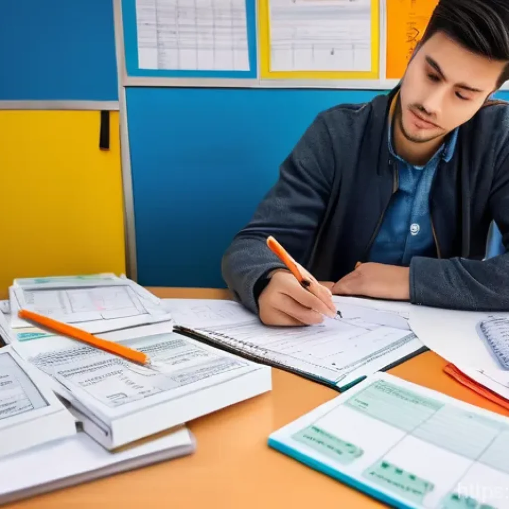 도로교통사 필기시험 암기법 모음 - A focused young adult, dressed in comfortable casual wear, sits at a brightly lit desk, surrounded b...