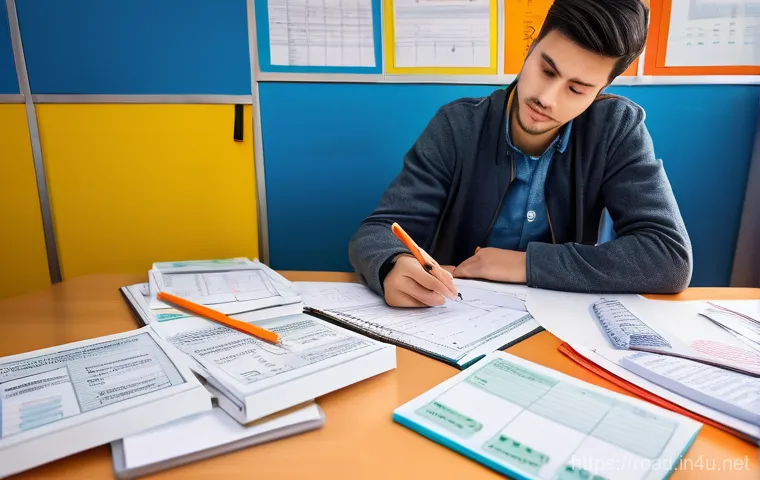 도로교통사 필기시험 암기법 모음 - A focused young adult, dressed in comfortable casual wear, sits at a brightly lit desk, surrounded b...
