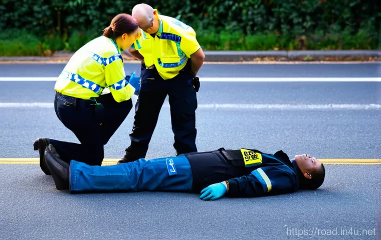 도로교통사 실무에서의 팀워크 중요성 - **Image Prompt 1: Initial Accident Response Teamwork**
    A dynamic, eye-level shot capturing a bus...