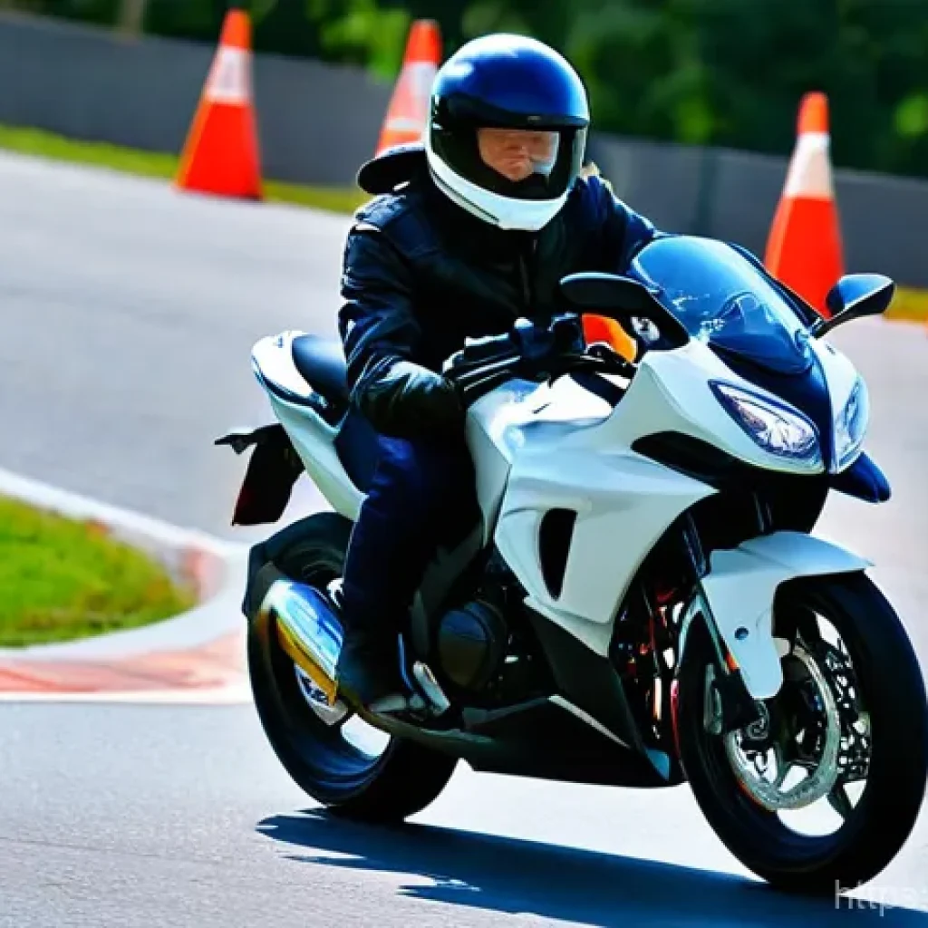 도로교통사 실기시험 필수 장비 - **Prompt 1: Motorcycle Skills Test with Focus on Safety Gear**
    "A person, visibly focused, takin...