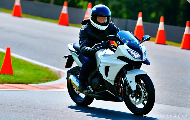 도로교통사 실기시험 필수 장비 - **Prompt 1: Motorcycle Skills Test with Focus on Safety Gear**
"A person, visibly focused, takin...