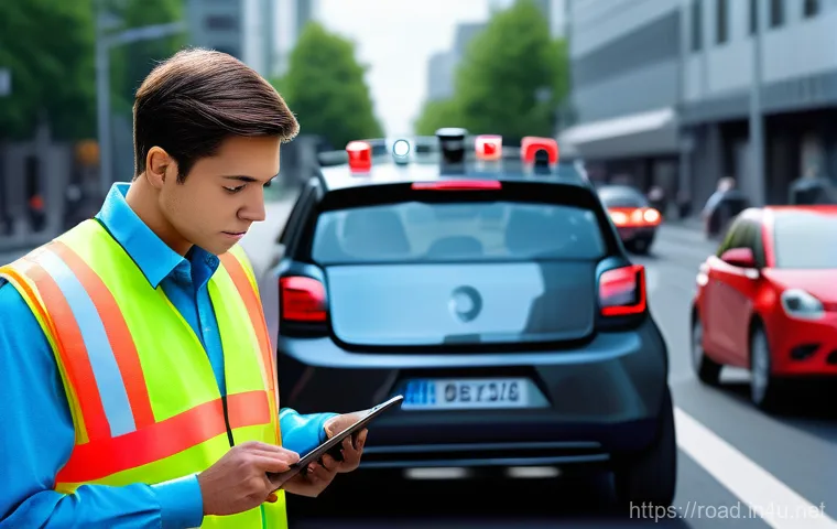 도로교통사 시험의 최신 합격자 통계 - **Prompt 1: Modern Traffic Accident Investigation**
A highly detailed, realistic image of a male...