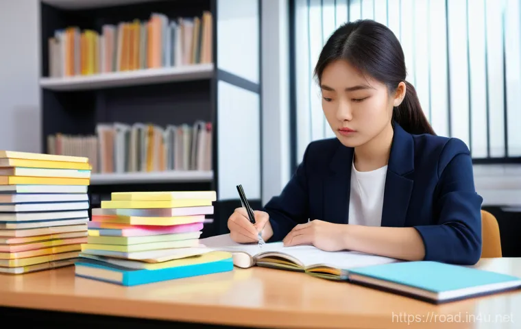 도로교통사 시험 준비에서 중요한 요소 - **Prompt**: A determined East Asian female student in her late 20s, wearing smart casual clothes, in...