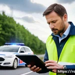 도로교통사 경력직 연봉 비교 - A focused male road traffic accident appraiser, in his late 30s, wearing a professional but practica...