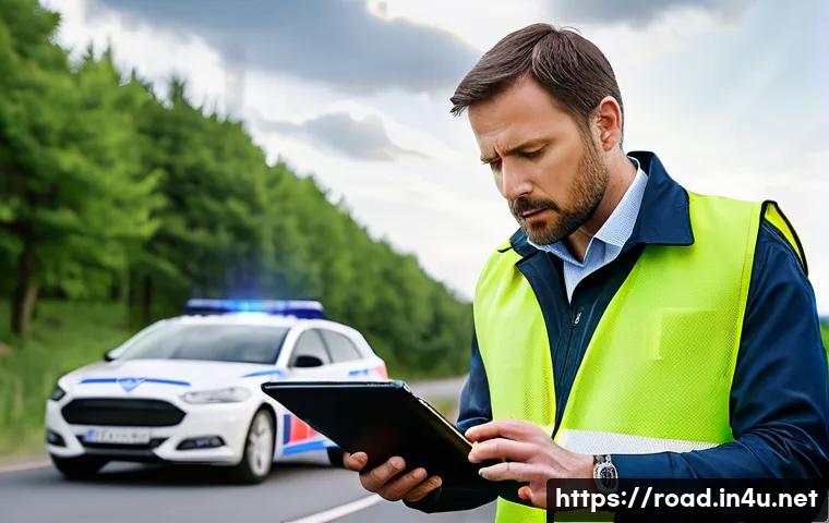 도로교통사 경력직 연봉 비교 - A focused male road traffic accident appraiser, in his late 30s, wearing a professional but practica...