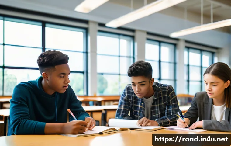 도로교통사 실기시험 합격을 위한 실습 팁 - **Image Prompt 1: Collaborative Study Session for Road Traffic Exam**
A group of three young adu...