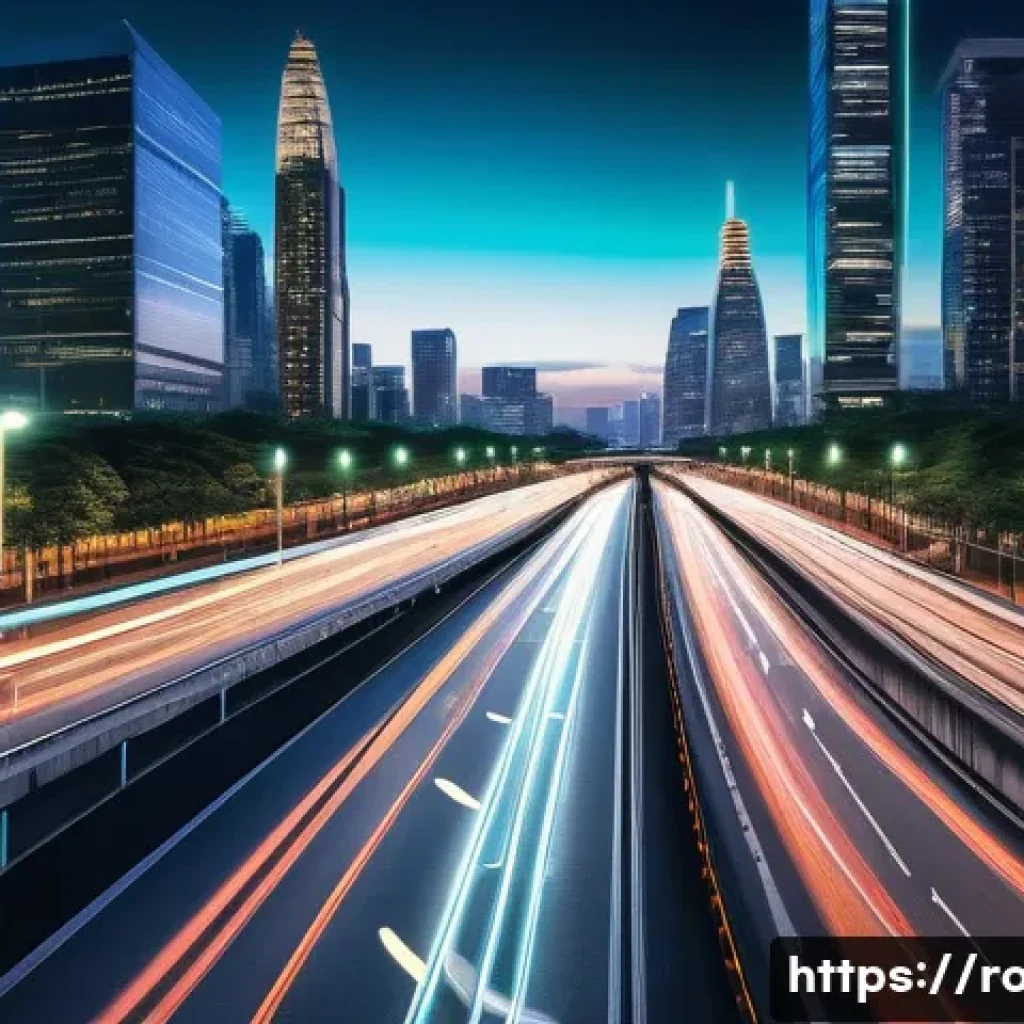 도로교통사 경력직으로의 성공적인 전환 - A bustling, futuristic smart city at dusk. Autonomous vehicles with glowing lights navigate multi-la...