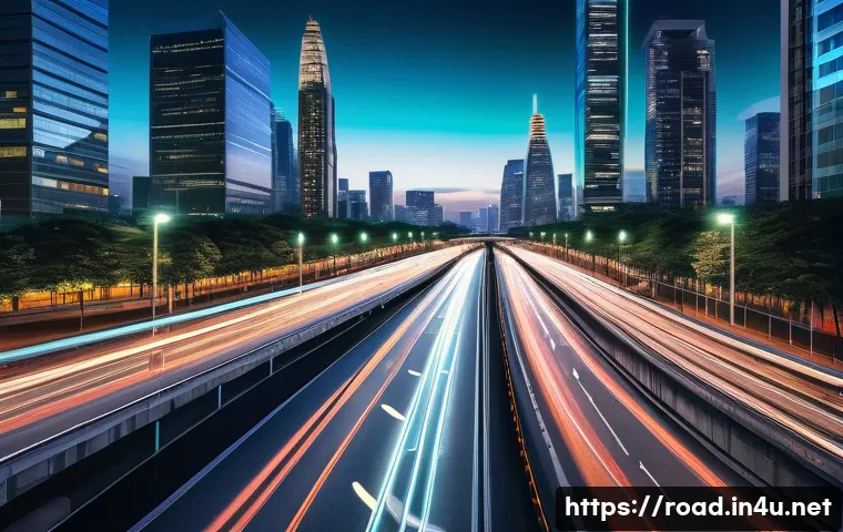 도로교통사 경력직으로의 성공적인 전환 - A bustling, futuristic smart city at dusk. Autonomous vehicles with glowing lights navigate multi-la...