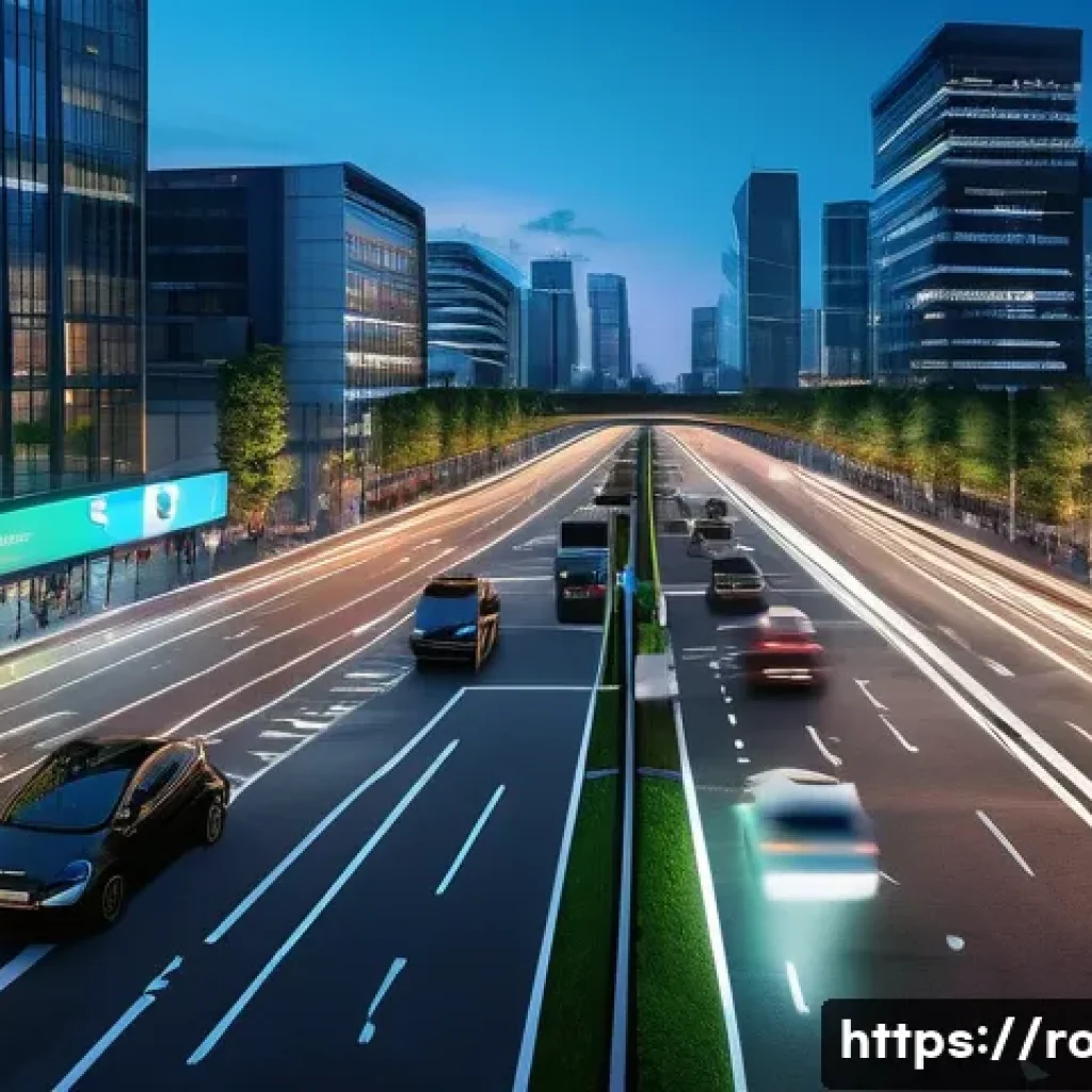 도로교통사 경력 개발을 위한 필수 전략 - A vibrant, wide-angle shot of a futuristic smart city intersection at dusk. The roads are smoothly f...