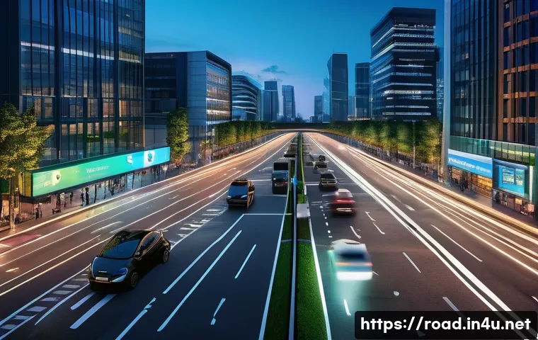 도로교통사 경력 개발을 위한 필수 전략 - A vibrant, wide-angle shot of a futuristic smart city intersection at dusk. The roads are smoothly f...